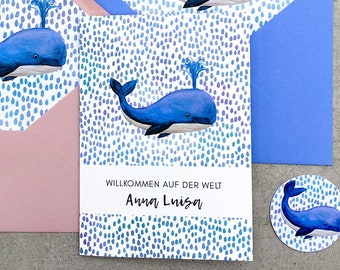 Greeting card for the birth with watercolor whale, card "Welcome to the world little miracle" personalized with name and date of birth