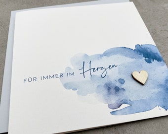 Sympathy card "Forever in my heart" with a wooden heart and blue-grey clouds, condolence card, folding card, square envelope, condolence card