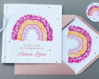 Personalized Communion Card with Pink Rainbow, Large Card for Money Gift, Square Greeting Card Communion for Girls