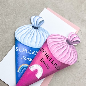 Karte zur Einschulung personalisiert mit Name für Jungen und Mädchen, Glückwunschkarte zum Schulanfang, Schultüte blau oder pink