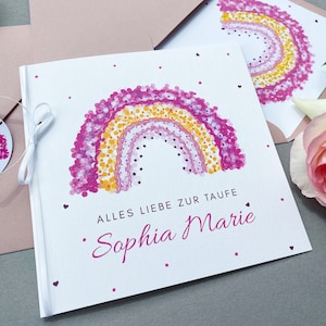 Große Regenbogen Taufkarte personalisiert, Karte Geldgeschenk zur Taufe, Quadratische Glückwunschkarte Pink für Mädchen zur Taufe