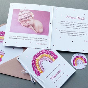 Einladungskarte Taufe personalisiert mit rosa Regenbogen, Taufeinladung Babytaufe mit Foto, Fotoeinladung Taufe pink für Mädchen