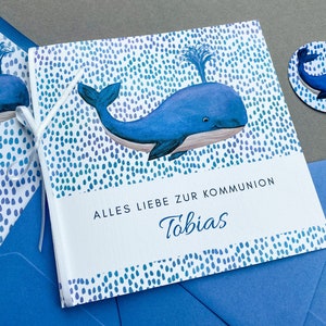 Große Kommunionskarte personalisiert mit Aquarell Wal, Quadratische blaue Geldgeschenk Karte zur Kommunion, Glückwunschkarte für Jungen