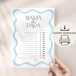 Divertido juego de adivinanzas para baby shower mamá o papá, DESCARGA INSTANTE para imprimir, tarjeta de juego de fiesta de nacimiento de bebé en alemán con borde ondulado para niños