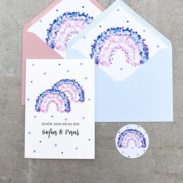 Greeting card birth twins with purple rainbow for boys and girls, card for birth personalized with name and date of birth