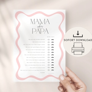 Divertido juego de adivinanzas para baby shower mamá o papá, DESCARGA INSTANTE para imprimir, tarjeta de juego de fiesta de nacimiento de bebé en alemán con borde ondulado para niñas
