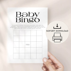 ベビーギフトビンゴ面白いベビーシャワーゲーム、デジタルダウンロードプリント、ベビーシャワーカードドイツ語、ヒントカードミニマリストゲームカード