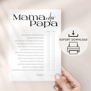 Lustiges Babyparty Ratespiel Mama oder Papa, SOFORTDOWNLOAD PDF und JGP zum ausdrucken, Babyshower Karte Deutsch Minimalistisch, Party Spiel
