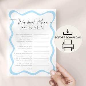 Wie kent moeder het beste, babyshowerspellen DIGITALE DOWNLOAD om zelf af te drukken, babyshowerkaart in het Duits, blauw voor jongens golvende rand