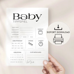 Baby Tip Card Divertido juego de baby shower, DESCARGA INSTANTE PDF y JGP para imprimir, Baby Shower Card Alemán Minimalista, Juego de adivinanzas