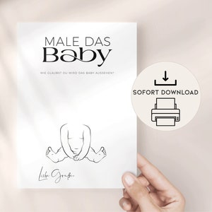 Divertidos juegos de baby shower pintan al bebé, DESCARGA INSTANTE PDF para imprimir, tarjeta baby shower minimalista alemán, juego de adivinanzas pintar bebé