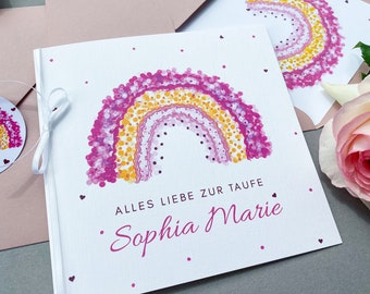 Große Regenbogen Taufkarte personalisiert, Karte Geldgeschenk zur Taufe, Quadratische Glückwunschkarte Pink für Mädchen zur Taufe