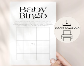 Baby Geschenke Bingo Lustiges Babyparty Spiel, DIGITALER DOWNLOAD ausdrucken, Babyshower Karte Deutsch, Tippkarte Minimalistisch Spielkarte