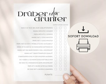 Lustige Babyparty Spiel drüber oder drunter, SOFORT DOWNLOAD PDF zum ausdrucken, Babyshower Karte auf Deutsch Minimalistisch, Tippkarte Baby