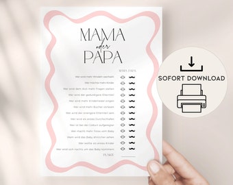 Lustiges Babyparty Ratespiel Mama oder Papa, SOFORT DOWNLOAD zum ausdrucken, Baby Geburt Partyspiel Karte Deutsch mit Wellenrand für Mädchen