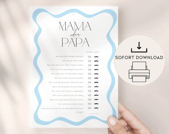 Lustiges Babyparty Ratespiel Mama oder Papa, SOFORT DOWNLOAD zum ausdrucken, Baby Geburt Partyspiel Karte Deutsch mit Wellenrand für Jungen