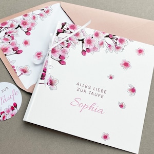 Große Quadratische Taufkarte personalisiert mit Name, Karte Geldgeschenk zur Taufe, Kirschblüten Glückwunschkarte rosa für Mädchen zur Taufe