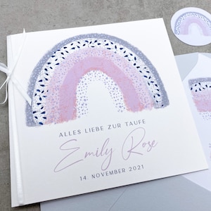 Große Glückwunschkarte Taufe personalisiert, Karte Geldgeschenk zur Taufe, Quadratische Taufkarte Mädchen mit Regenbogen rosa, grau