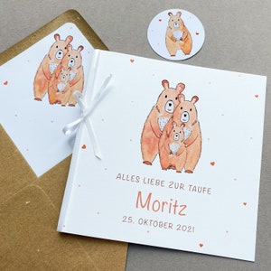 Große Taufkarte personalisiert mit Aquarell Bären Familie, Karte Taufe für Geldgeschenk, Quadratische Glückwunschkarte für Jungen, Mädchen