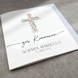 Rosa Personalisierte Karte zur Erstkommunion Kreuz Blume, Kommunionskarte Name Datum, Glückwunschkarte Kirche, Christliche Grußkarte Mädchen