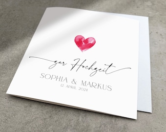 Personalisierte Karte zur Hochzeit mit Namen und Datum, Große Quadratische Hochzeitskarte mit Aquarell Herz, Glückwunschkarte Trauung