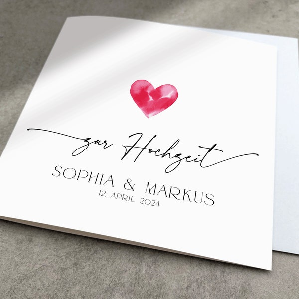 Personalisierte Karte zur Hochzeit mit Namen und Datum, Große Quadratische Hochzeitskarte mit Aquarell Herz, Glückwunschkarte Trauung