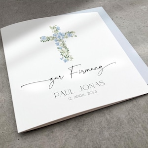 Blaue Personalisierte Karte zur Firmung mit Blumen Kreuz, Firmungskarte Name Datum Jungen, Glückwunschkarte Kirche, Christliche Grußkarte