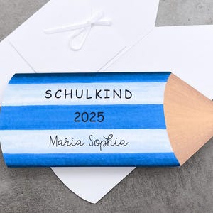 Schulkind 2025 Blau Stift, Personalisierte Karte zur Einschulung mit Name und Jahr Jungen Mädchen, Glückwunschkarte Schulanfang Geldgeschenk