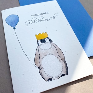 Geburtstagskarte Aquarell Pinguin mit Luftballon, Glückwunschkarte Geburtstag Kinder, Karte zum 1. Geburtstag, Kindergeburtstagkarte