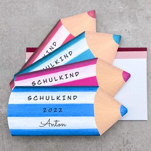 Karte zur Einschulung personalisiert mit Name für Jungen und Mädchen, Besondere Glückwunschkarte Stift, Große Einschulungskarte