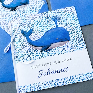 Große Taufkarte personalisiert mit Aquarell Wal, Karte Taufe für Geldgeschenk, Quadratische Glückwunschkarte blauer Wal für Jungen zur Taufe