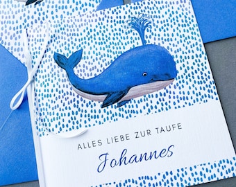 Große Taufkarte personalisiert mit Aquarell Wal, Karte Taufe für Geldgeschenk, Quadratische Glückwunschkarte blauer Wal für Jungen zur Taufe