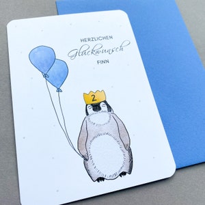 Karte zum Geburtstag für Kinder, Aquarell Pinguin rosa blau, personalisierte Geburtstagskarte Luftballons, Glückwunschkarte Kindergeburtstag