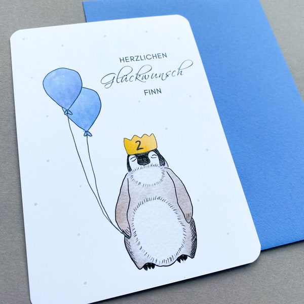 Karte zum Geburtstag für Kinder, Aquarell Pinguin rosa blau, personalisierte Geburtstagskarte Luftballons, Glückwunschkarte Kindergeburtstag