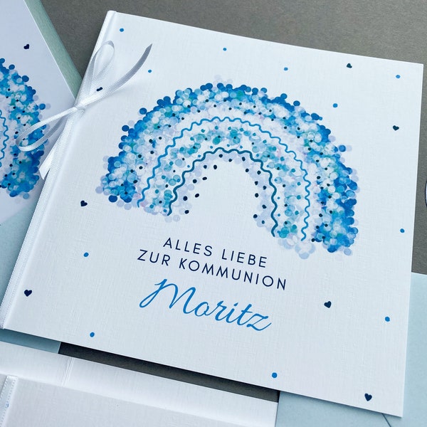 Karte zur Kommunion personalisiert mit türkis blauem Regenbogen, Große Geldgeschenk Karte, Quadratische Glückwunschkarte Jungen u. Mädchen