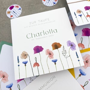 Große Glückwunschkarte Taufe personalisiert, Karte Geldgeschenk zur Taufe, Quadratische Taufkarte für Mädchen mit Wildblumen