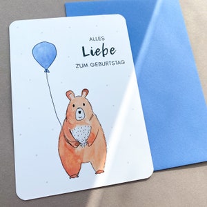 Karte zum Geburtstag Aquarell Bär, Geburtstagskarte Luftballon, Glückwunschkarte Geburtstag Kinder, Happy Birthday Karte Kindergeburtstag