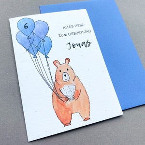 Karte Kindergeburtstag personalisiert, Geburtstagskarte Luftballons mit Name und Alter, Glückwunschkarte für Kinder, Aquarell Bär blau