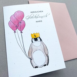 Geburtstagskarte für Kinder mit Name, Personalisierte Glückwunschkarte zum 1. Geburtstag Luftballons, Karte Aquarell Pinguin rosa blau
