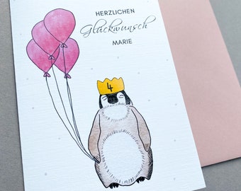 Geburtstagskarte für Kinder mit Name, Personalisierte Glückwunschkarte zum 1. Geburtstag Luftballons, Karte Aquarell Pinguin rosa blau