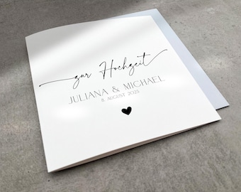 Personalisierte Hochzeitskarte mit Herz, Minimalistische Karte zur Hochzeit Namen und Datum, Große Quadratische Glückwunschkarte zur Trauung
