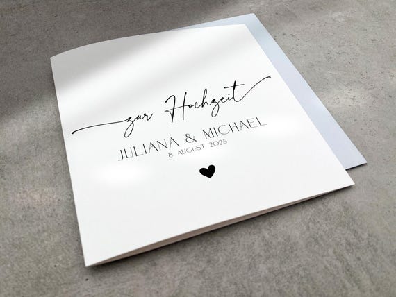 Personalisierte Hochzeitskarte mit Herz, Minimalistische Karte zur Hochzeit Namen und Datum, Große Quadratische Glückwunschkarte zur Trauung