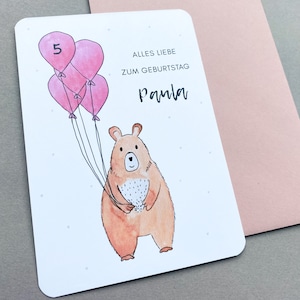 Glückwunschkarte zum Geburtstag mit Name und Alter für Mädchen, personalisierte Geburtstagskarte für Kinder, Aquarell Bär rosa