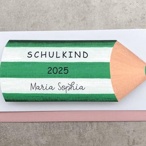 Schulkind 2025 Grün Stift, Personalisierte Karte zur Einschulung mit Name und Jahr Jungen Mädchen, Glückwunschkarte Schulanfang Geldgeschenk