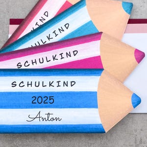 Karte zur Einschulung personalisiert mit Name für Jungen und Mädchen, Besondere Glückwunschkarte Stift, Große Einschulungskarte