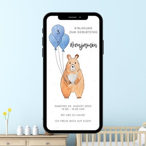 Digital birthday invitation for children, send birthday invitation via Whatsapp, ecard personalized watercolor bear balloons
