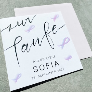 Große rosa Taufkarte personalisiert, Karte Geldgeschenk zur Taufe handlettering, Quadratische Kalligrafie Glückwunschkarte Mädchen mit Name