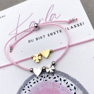 Karte zur Einschulung Mädchen, Armband Herz und Glücksklee, Karte zur Einschulung mit Armband aus Edelstahl in gold oder silber