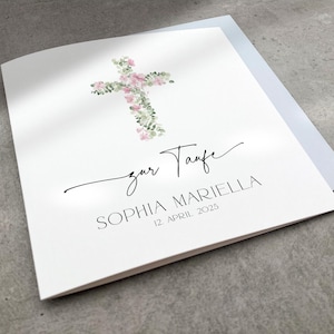 Rosa Personalisierte Karte zur Heiligen Taufe mit Blumen Kreuz, Taufkarte Name Datum, Glückwunschkarte Kirche, Christliche Grußkarte Mädchen