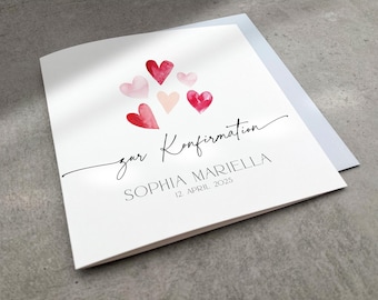 Personalized confirmation card, confirmation card with name and date, church greeting card, Christian greeting card with red hearts